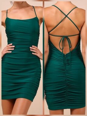 NWT Lulus Confident Allure Emerald Ruched Lace-Up Bodycon Mini Dress, XS, NWT!